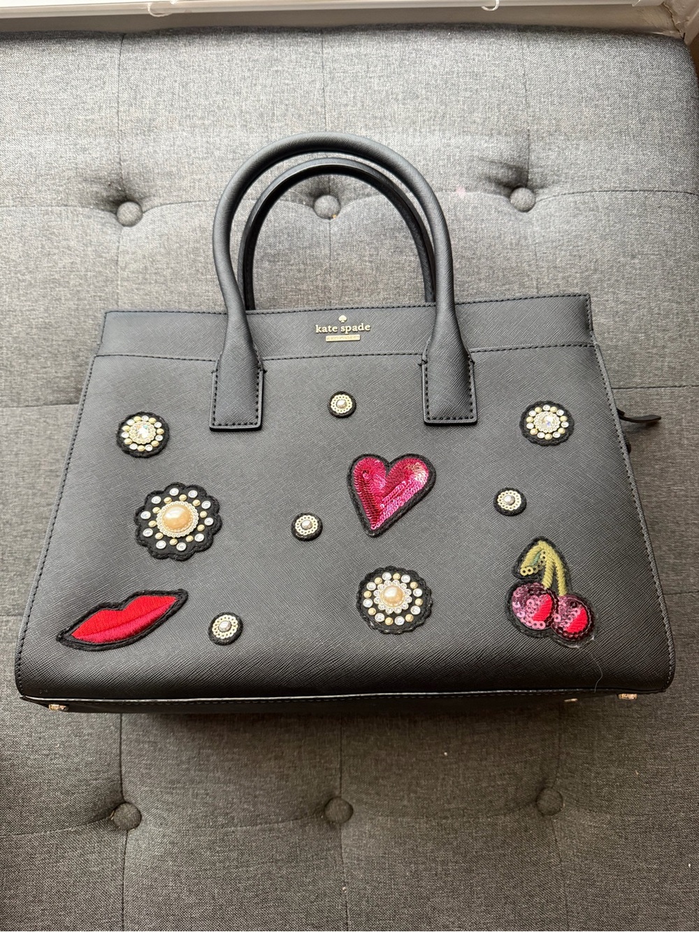 Rare kate spade Black Satchel with Red & Pink Embellished Patches